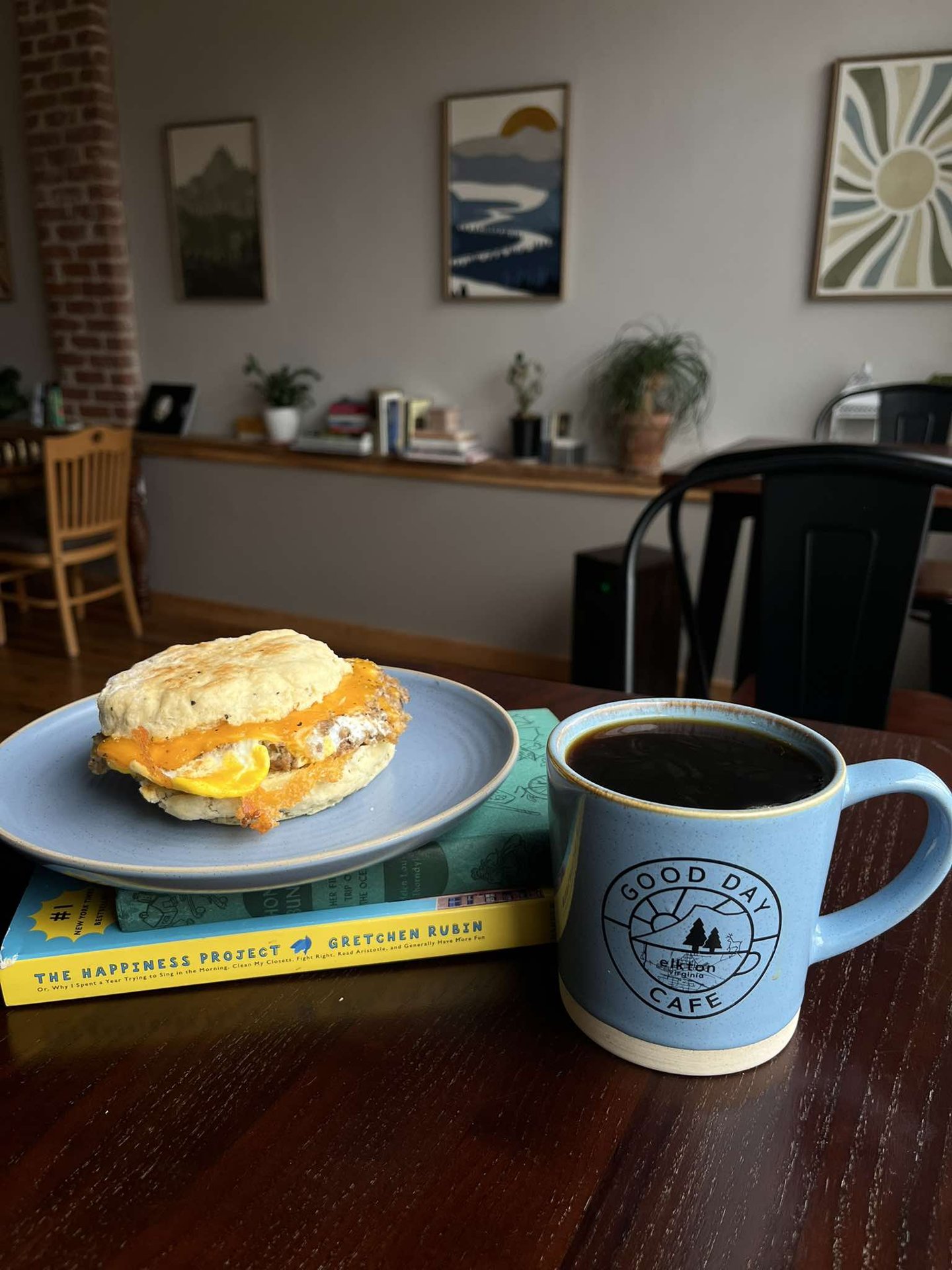 Breakfast biscuit and a Good Day Café mug